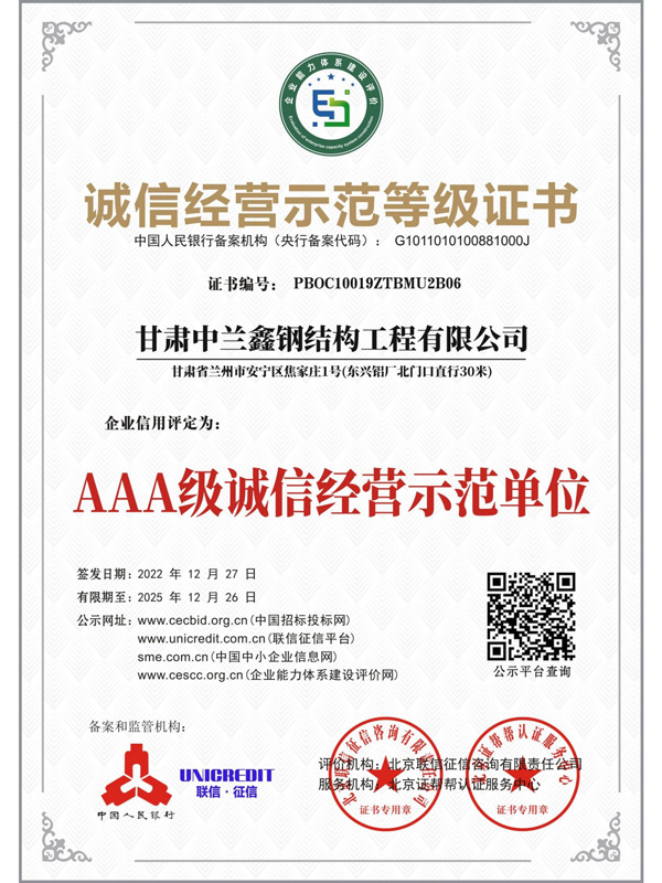 诚信经营示范等级证书